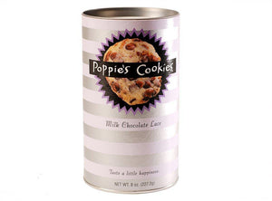 crispy milk chocolate pecan cookies in eight ounce canister