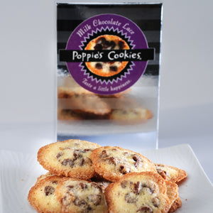 crispy milk chocolate lace pecan cookies in elegant silver boxes 