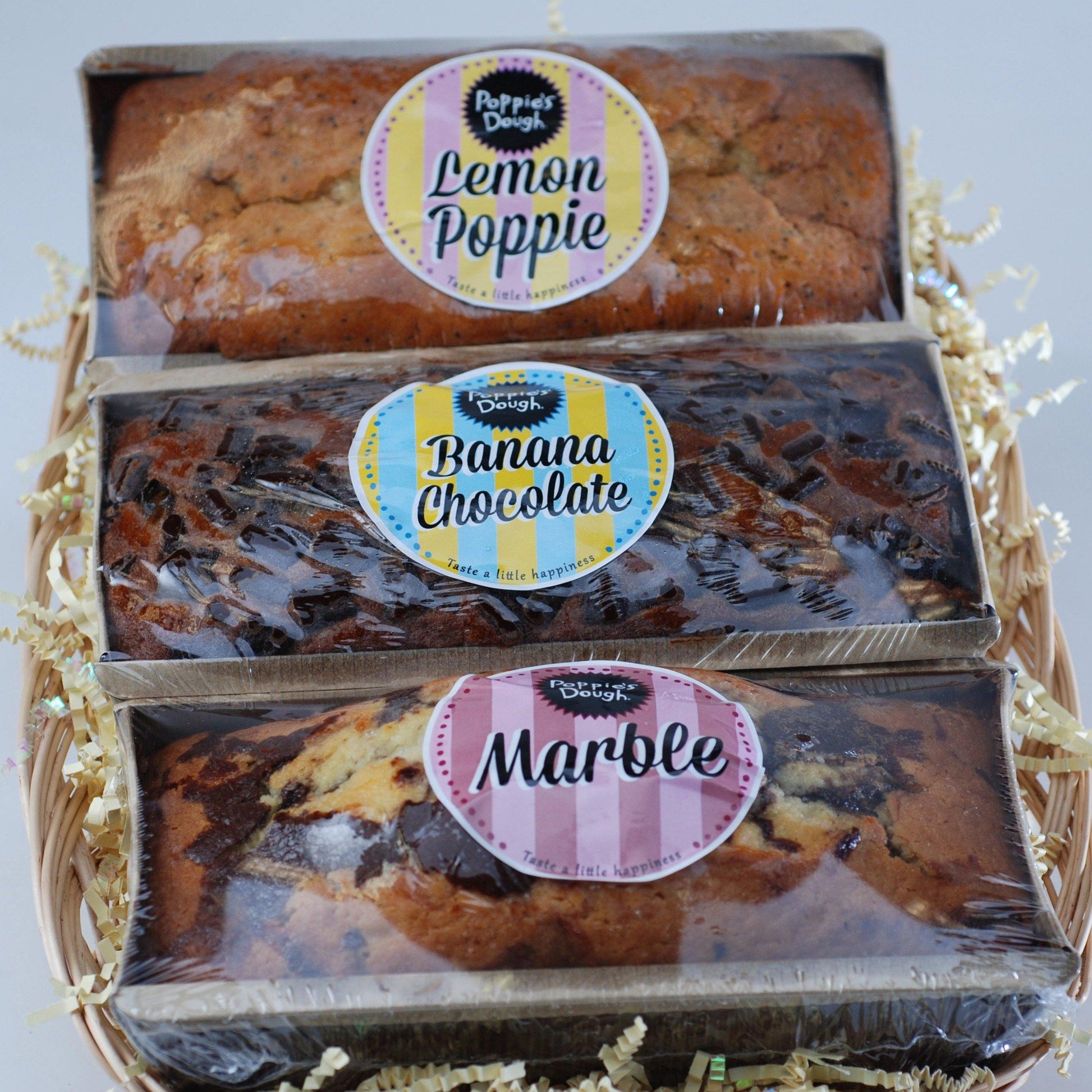 3 loaf assortment, marble, banana chocolate, and lemon poppy