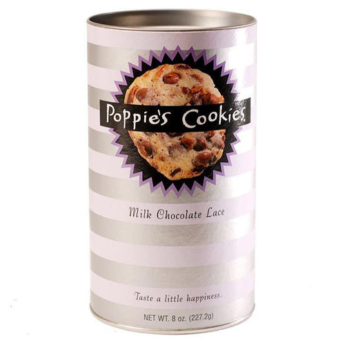 crispy milk chocolate pecan cookies in eight ounce canister